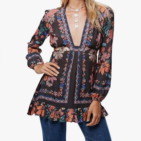 Free People Violet Hill Mixed Print Tunic Dress Womens Sz 8 Boho Bohemian Hippie - Picture 6 of 7